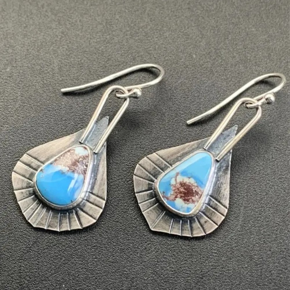 925 Silver Plated Vintage Boho Blue Turquoise Drop Earrings - NEW